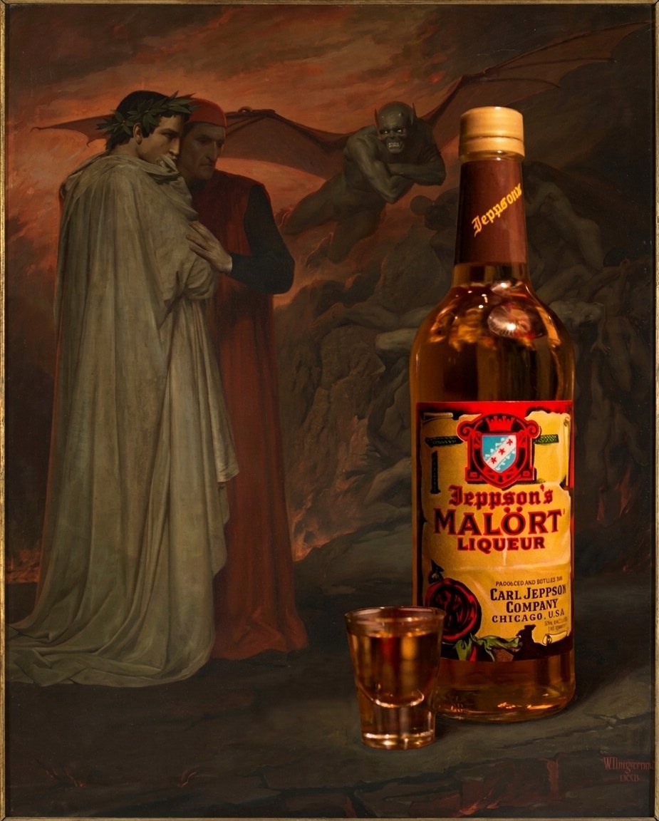 Dante and Virgil in the Inferno, joined by a bottle of Malört and a poured shot